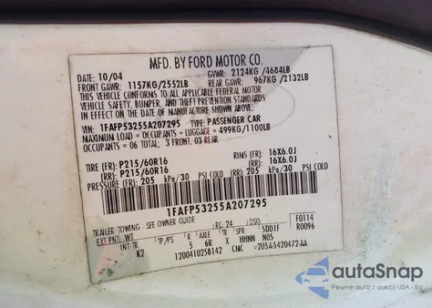 2005 Ford Taurus Se z USA, uszkodzony, nr VIN 1FAFP53255A207295